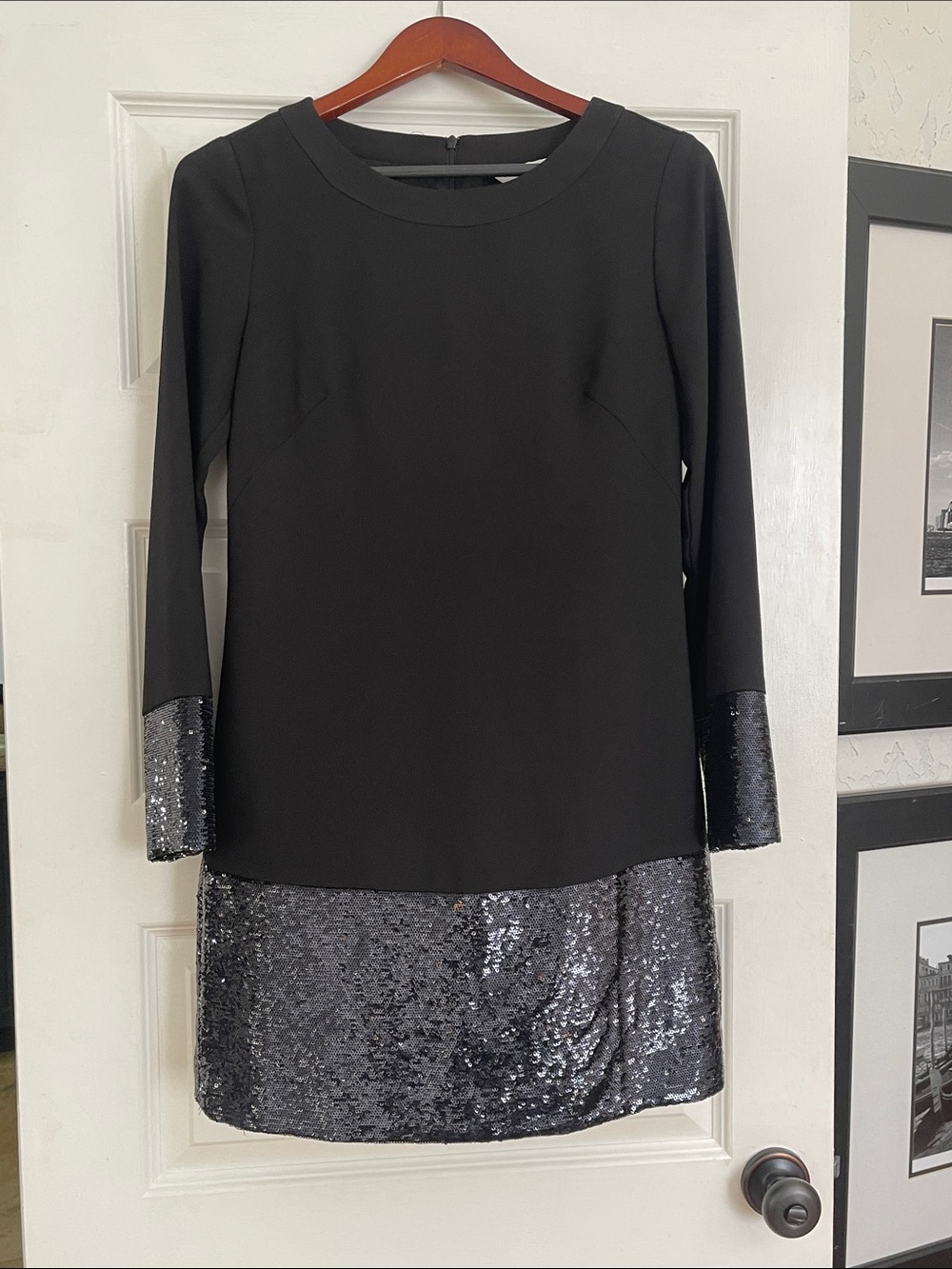 Trina Turk Black Long-Sleeve Sequin Trim Shift Dress